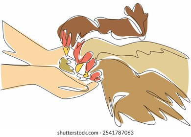 Continuous one line drawing two hands holding chicken food and several chickens surround hands. Chicken farmer. The best feed. National Farm Animals Day. Single line draw design vector illustration