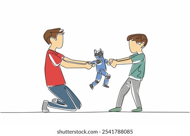 Continua una línea dibujando dos hermanos luchando por un robot de juguete. Conflictos comunes en niños. Luchando por derechos innecesarios. Día Nacional de los Hermanos. Ilustración vectorial de diseño de dibujo de línea única