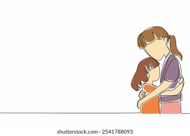 Continuous one line drawing two sisters hugging each other. Longing hug. Body language that speaks. Love each other. Sisterhood. National Siblings Day. Single line draw design vector illustration