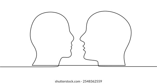 Desenho contínuo de uma linha de duas faces em perfil, refletindo dinâmicas psicológicas ou relacionamentos.