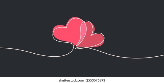 Continuous One Line Drawing of of Two Hearts Couple. Vector One Line Illustration Concept for Valentine`s Day. Love Symbol Trendy Black Sketch Isolated on White Background.