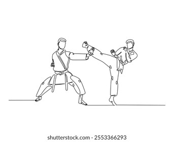 Desenho contínuo de uma linha de dois lutadores praticando combate de caratê luta no dojo. Taekwondo , karatê, ilustração esportiva de arte marcial asiática. Vetor editável. 