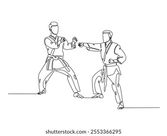 Dibujo continuo de una línea de dos luchadores practicando combate de karate de lucha en el dojo. Taekwondo, karate, ilustración de deporte de arte marcial asiático. Vector editable. 