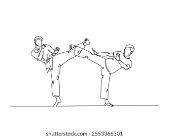 Continuous one line drawing of two figther practicing fight karate combat in the dojo. Taekwondo , karate, asian martial art sport illustration. Editable vector. 