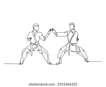 Dibujo continuo de una línea de dos luchadores practicando combate de karate de lucha en el dojo. Taekwondo, karate, ilustración de deporte de arte marcial asiático. Vector editable. 