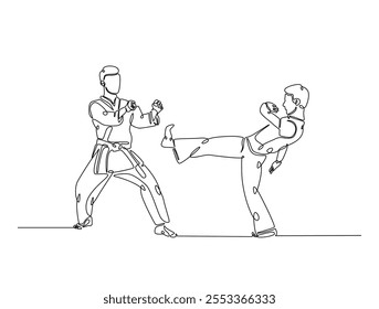 Dibujo continuo de una línea de dos luchadores practicando combate de karate de lucha en el dojo. Taekwondo, karate, ilustración de deporte de arte marcial asiático. Vector editable. 