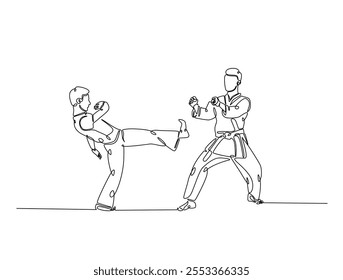 Dibujo continuo de una línea de dos luchadores practicando combate de karate de lucha en el dojo. Taekwondo, karate, ilustración de deporte de arte marcial asiático. Vector editable. 