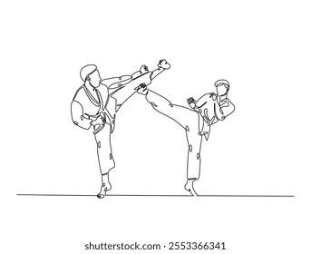 Desenho contínuo de uma linha de dois lutadores praticando combate de caratê luta no dojo. Taekwondo , karatê, ilustração esportiva de arte marcial asiática. Vetor editável. 