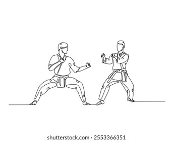 Dibujo continuo de una línea de dos luchadores practicando combate de karate de lucha en el dojo. Taekwondo, karate, ilustración de deporte de arte marcial asiático. Vector editable. 