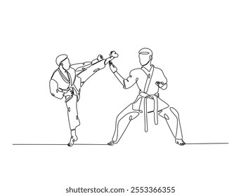 Dibujo continuo de una línea de dos luchadores practicando combate de karate de lucha en el dojo. Taekwondo, karate, ilustración de deporte de arte marcial asiático. Vector editable. 