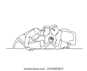 Continuous one line drawing of two man fight arm wrestling. Yong Metaphor of confrontation  illustration. Editable vector. 