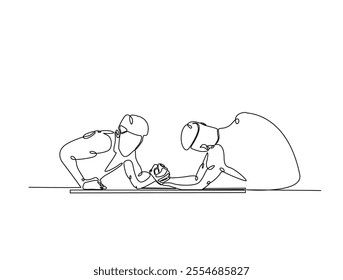 Continuous one line drawing of two man fight arm wrestling. Metaphor of confrontation  illustration. Editable vector. 