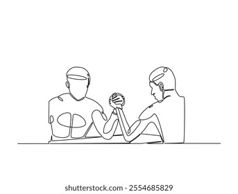 Continuous one line drawing of two man fight arm wrestling. Yong Metaphor of confrontation  illustration. Editable vector. 