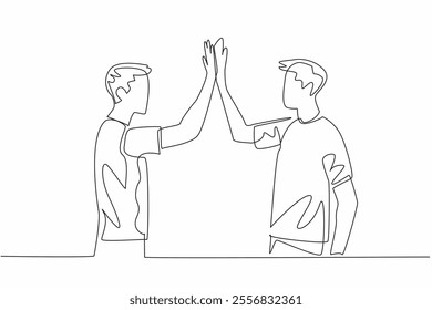 Continuous one line drawing two men in casual clothes doing a high five. Two friends meet again. Warm greetings of friendship. National High Five Day. Single line draw design vector illustration