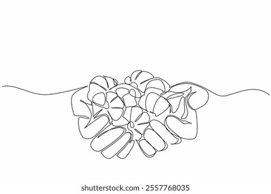 Continuous one line drawing two hands are holding a pile of garlic. The harvest results are as predicted. Very satisfying. Healthy. National Garlic Day. Single line draw design vector illustration