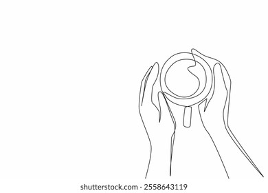 Continuous one line drawing two hands holding a cup of warm tea. Morning and evening routine. Restore a better mood. Calming the mind. National Tea Day. Single line draw design vector illustration