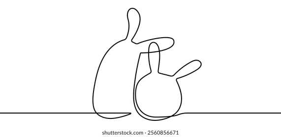 Continuous One Line Drawing of Two Cute Rabbits. Easter Bunny for Spring Design in Simple Linear Style. Editable Stroke. Rabbit Doodle Black on White Vector Illustration