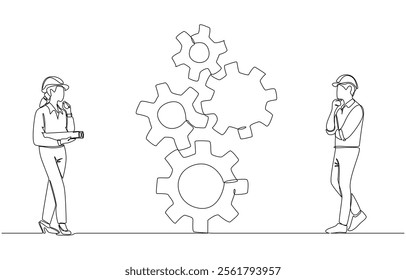 Continuous one line drawing of two young engineers looking at gear mechanism and thinking, inspection of engineering mechanism in industry concept, single line art