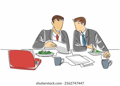 Continuous one line drawing two businessmen eating salad at the office table. Reviewing meeting results over lunch. Sharing. National Make Lunch Count Day. Single line draw design vector illustration