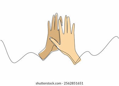 Continuous one line drawing two hands doing a high five. Symbol of intimacy. Supporting each other to achieve common goals. Friend. National High Five Day. Single line draw design vector illustration