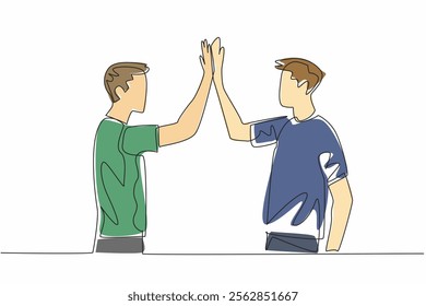 Continuous one line drawing two men in casual clothes doing a high five. Two friends meet again. Warm greetings of friendship. National High Five Day. Single line draw design vector illustration