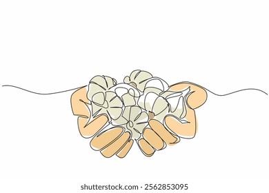 Continuous one line drawing two hands are holding a pile of garlic. The harvest results are as predicted. Very satisfying. Healthy. National Garlic Day. Single line draw design vector illustration