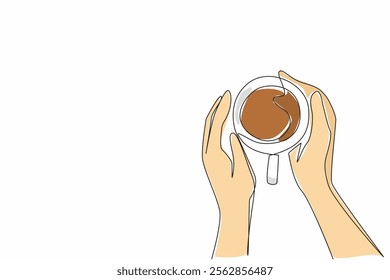 Continuous one line drawing two hands holding a cup of warm tea. Morning and evening routine. Restore a better mood. Calming the mind. National Tea Day. Single line draw design vector illustration