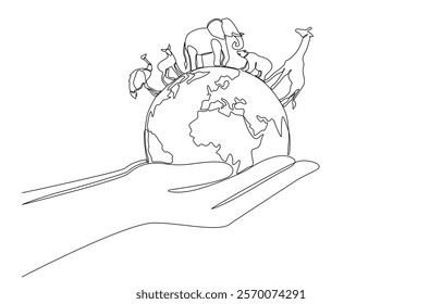 Continuous one line drawing of two hands holding globe with various animals, environmental care, protection of wild animals concept, single line art