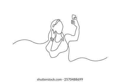 Continuous one line drawing of two friends, boy and girl taking selfies with smartphone. Happy teen girl taking selfie with phone concept Using portable device.