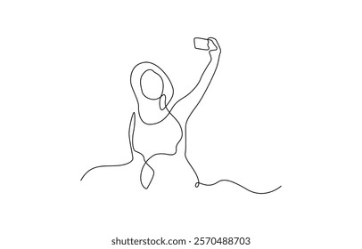 Continuous one line drawing of two friends, boy and girl taking selfies with smartphone. Happy teen girl taking selfie with phone concept Using portable device.