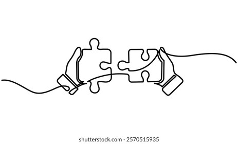 Continuous one line drawing of two pieces of jigsaw on white background,Two connected puzzle pieces of one continuous line drawn, Puzzle one line art,Continuous one line drawing of two puzzle pieces