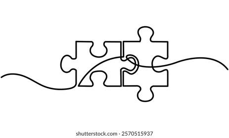 Continuous one line drawing of two pieces of jigsaw on white background,Two connected puzzle pieces of one continuous line drawn, Puzzle one line art,Continuous one line drawing of two puzzle pieces