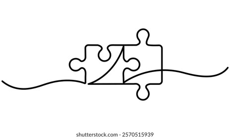 Continuous one line drawing of two pieces of jigsaw on white background,Two connected puzzle pieces of one continuous line drawn, Puzzle one line art,Continuous one line drawing of two puzzle pieces