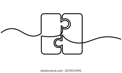 Continuous one line drawing of two pieces of jigsaw on white background,Two connected puzzle pieces of one continuous line drawn, Puzzle one line art,Continuous one line drawing of two puzzle pieces