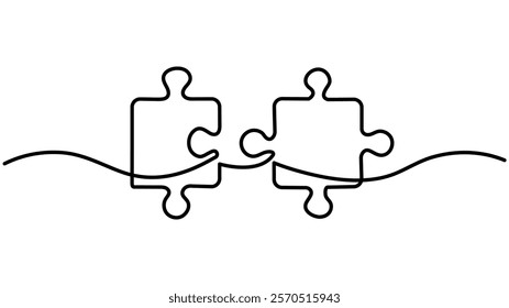 Continuous one line drawing of two pieces of jigsaw on white background,Two connected puzzle pieces of one continuous line drawn, Puzzle one line art,Continuous one line drawing of two puzzle pieces