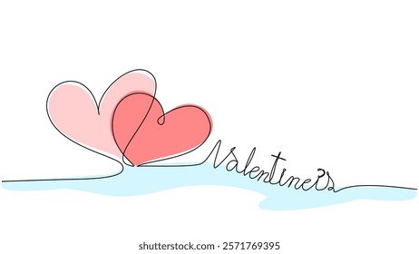 Continuous one line drawing of two hearts, symbolizing love and connection, with 'Valentines' elegantly written.  Valentine's Day designs and romantic themes, Vector illustration, Editable stroke