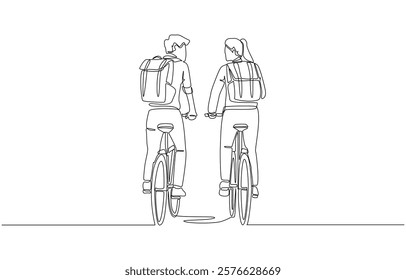 Continuous one line drawing of two female and male office colleagues riding bicycles to work, environmentally-friendly commuting to work concept, single line art