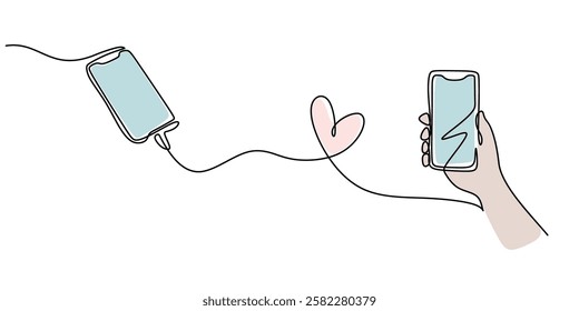 Continuous one line drawing of two mobile phones linked by a cable shaping a heart. Representation of love, connection, and digital communication. Vector illustration hand drawn.