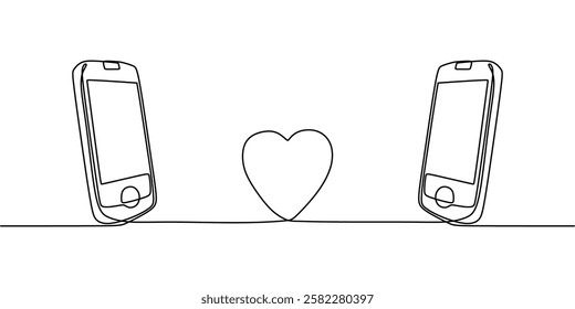 Continuous one line drawing of two mobile phones linked by a cable shaping a heart. Representation of love, connection, and digital communication. Vector illustration hand drawn.