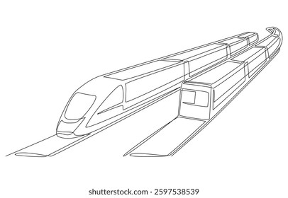 Continuous one line drawing of two electric trains running in opposite directions, double-track railway, convenient and fast public transportation concept, single line art