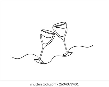 Continuous one line drawing of two glass of wine. Alcohol and cocktail drink. Doodle vector illustration