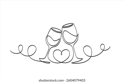 Continuous one line drawing of two glass of wine. Alcohol and cocktail drink. Doodle vector illustration