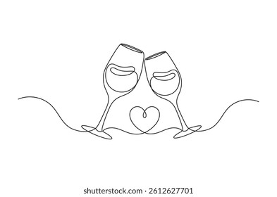 Continuous one line drawing of two wine glasses, wine glass one line art, linear style, isolated on a white background