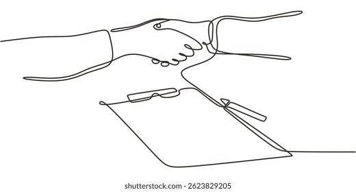 Um desenho contínuo de uma linha de duas mãos tremendo em acordo sobre documentos de negócios ou contratos. Desenhado à mão com ilustração vetorial.