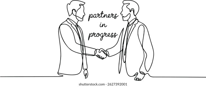 Continuous one line drawing of two businessmen in suits shaking hands, minimalist outline vector illustration symbolizing partnership and agreement

