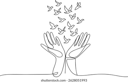 Continuous one line drawing of two human hands gently releasing birds into the sky. Minimalist black and white illustration of peace and freedom

