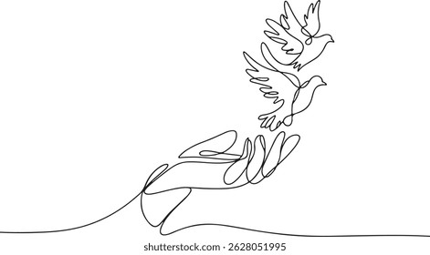 Continuous one line drawing of two human hands gently releasing birds into the sky. Minimalist black and white illustration of peace and freedom

