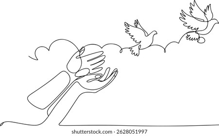 Continuous one line drawing of two human hands gently releasing birds into the sky. Minimalist black and white illustration of peace and freedom

