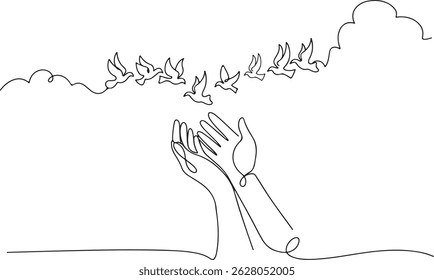 Continuous one line drawing of two human hands gently releasing birds into the sky. Minimalist black and white illustration of peace and freedom

