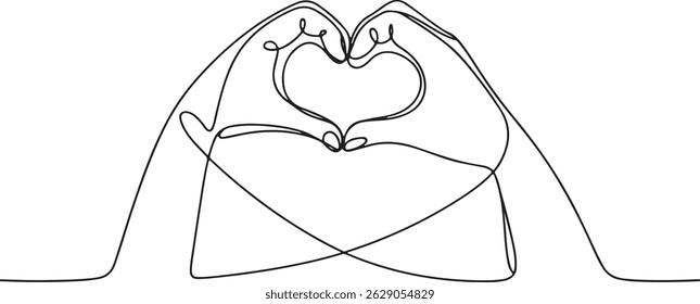 Continuous one line drawing of two hands forming a heart shape, minimalist love and unity symbol in black and white art

